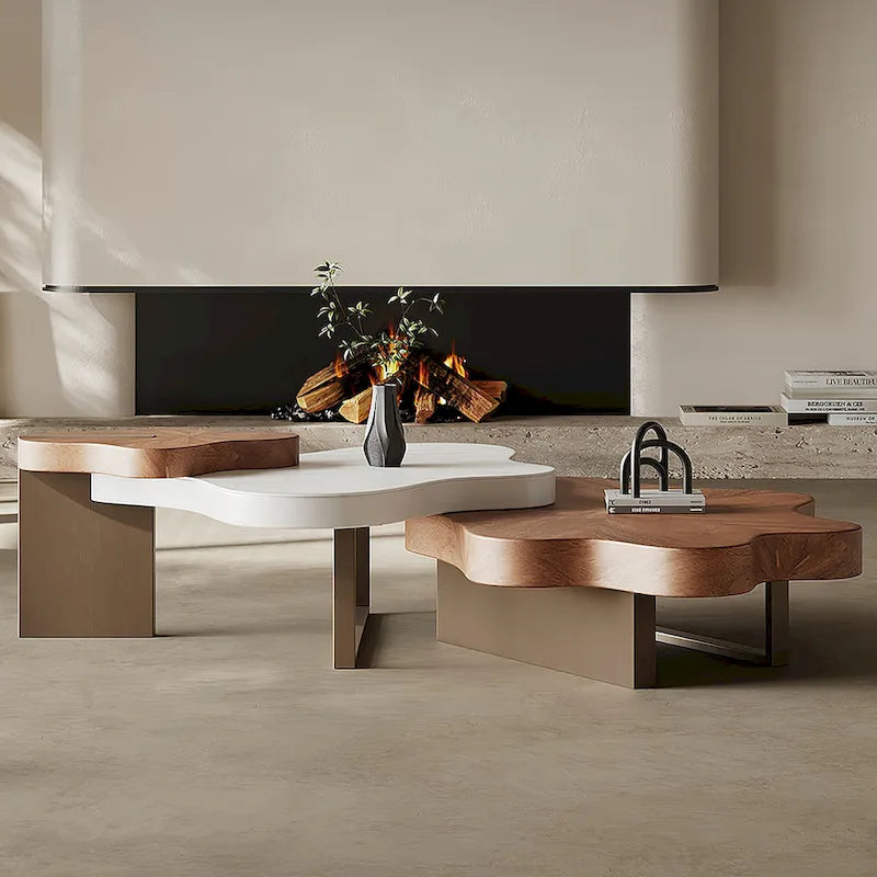 Mesa de centro moderna y elegante de madera maciza con forma de nube, juego de 3 mesas nido