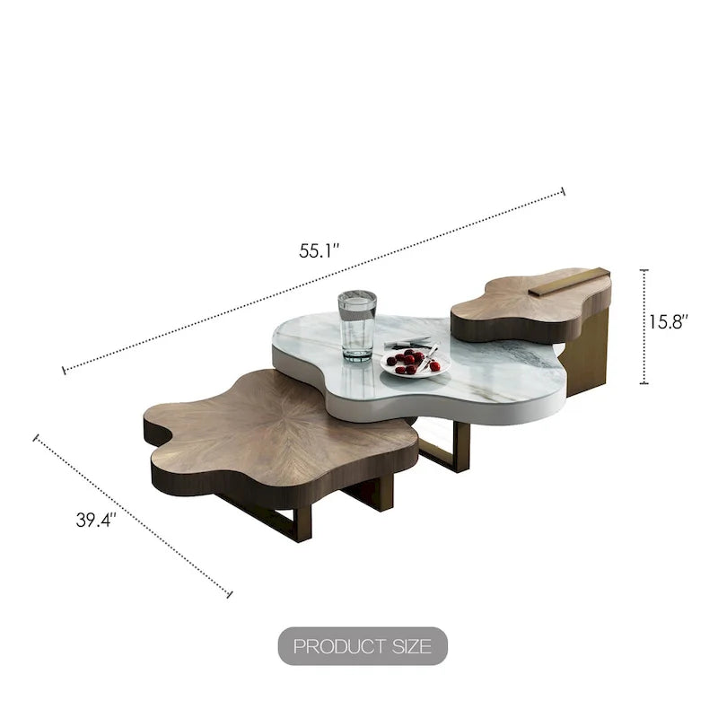 Mesa de centro moderna y elegante de madera maciza con forma de nube, juego de 3 mesas nido