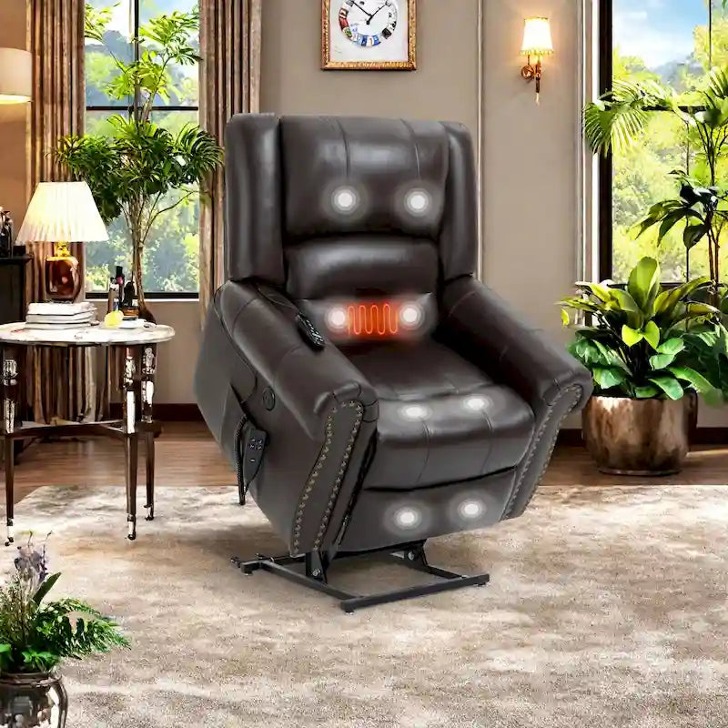 Sillón reclinable elevador eléctrico de piel auténtica con masaje y calor lumbar, puertos USB