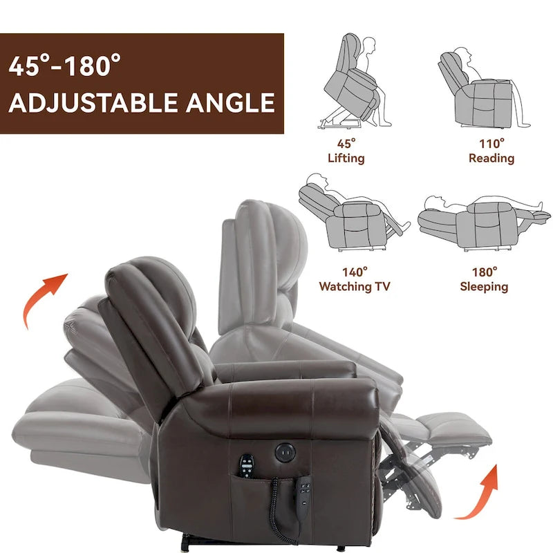 Sillón reclinable elevador eléctrico de piel auténtica con masaje y calor lumbar, puertos USB