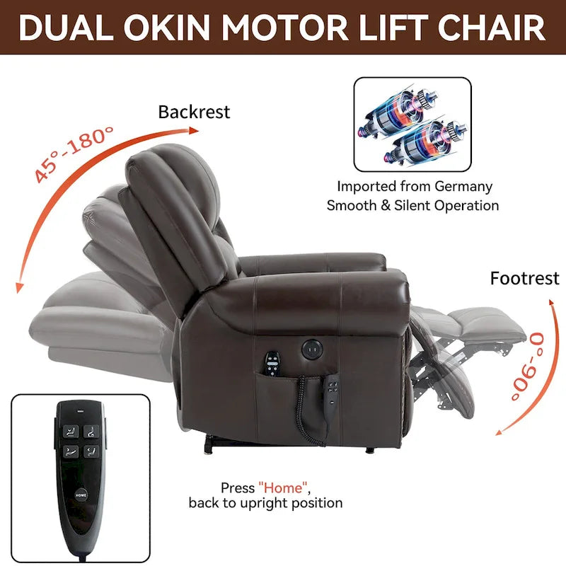 Sillón reclinable elevador eléctrico de piel auténtica con masaje y calor lumbar, puertos USB