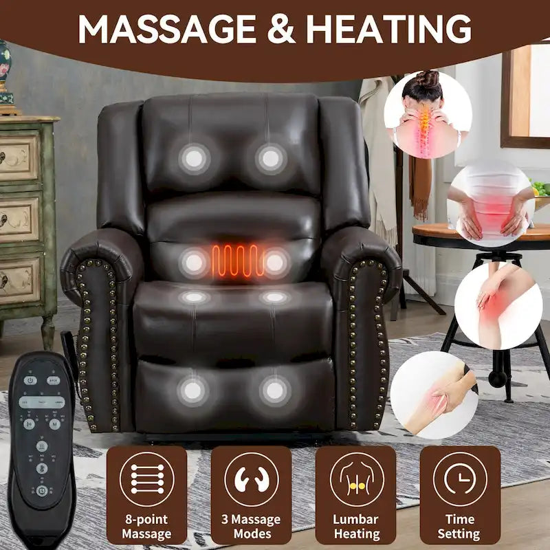 Sillón reclinable elevador eléctrico de piel auténtica con masaje y calor lumbar, puertos USB