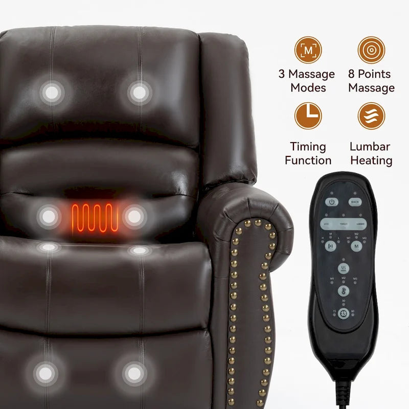 Sillón reclinable elevador eléctrico de piel auténtica con masaje y calor lumbar, puertos USB