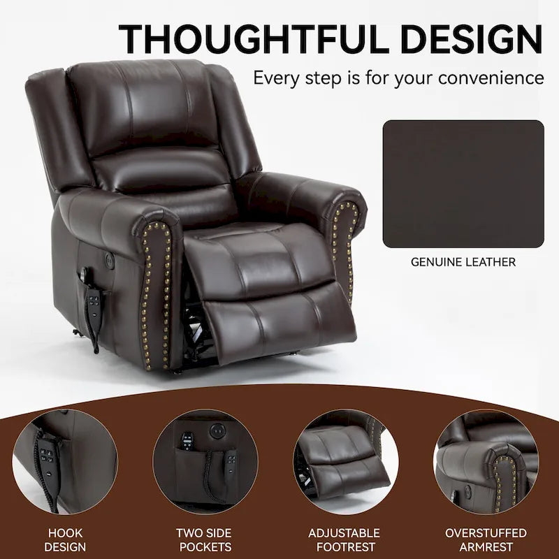 Sillón reclinable elevador eléctrico de piel auténtica con masaje y calor lumbar, puertos USB