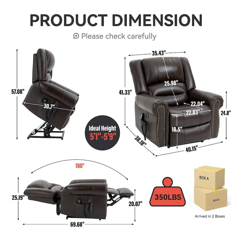 Sillón reclinable elevador eléctrico de piel auténtica con masaje y calor lumbar, puertos USB