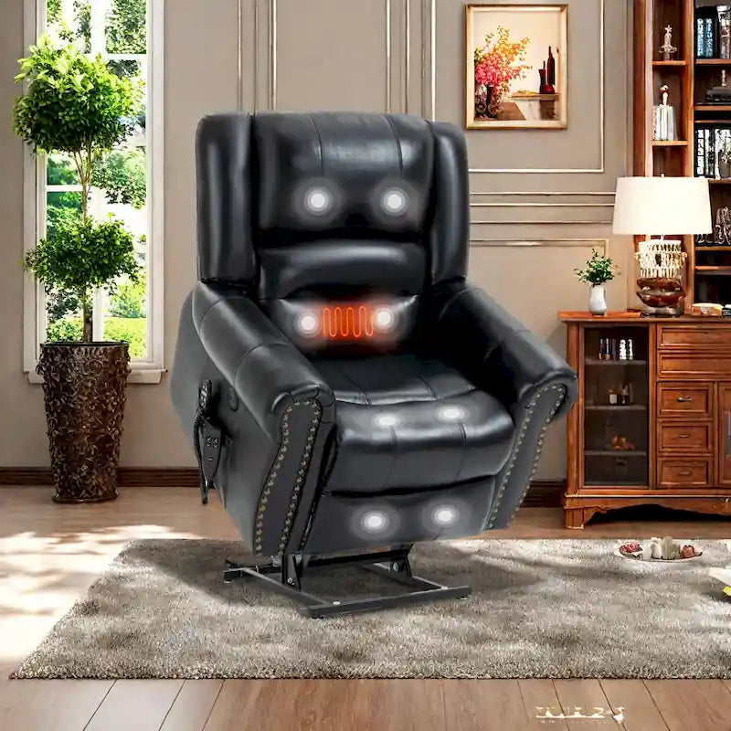 Sillón reclinable elevador eléctrico de piel auténtica con masaje y calor lumbar, puertos USB