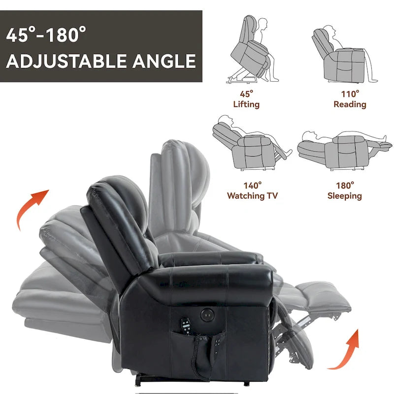 Sillón reclinable elevador eléctrico de piel auténtica con masaje y calor lumbar, puertos USB