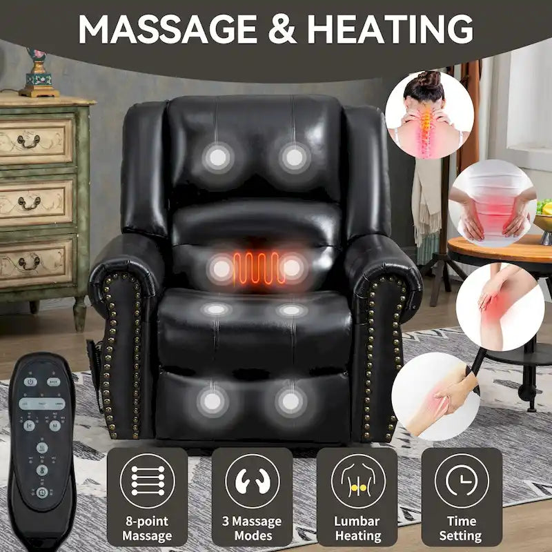 Sillón reclinable elevador eléctrico de piel auténtica con masaje y calor lumbar, puertos USB