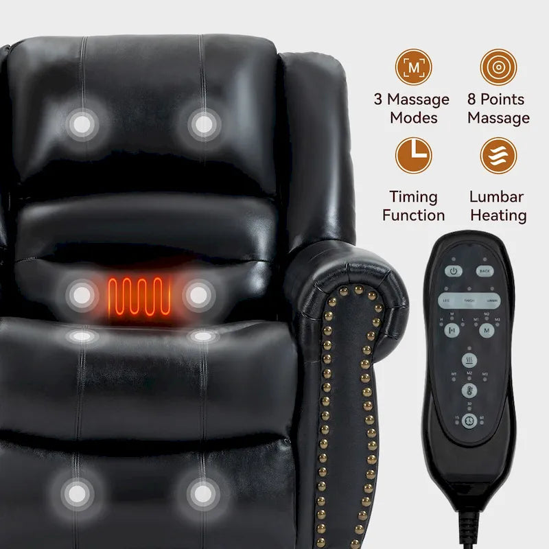 Sillón reclinable elevador eléctrico de piel auténtica con masaje y calor lumbar, puertos USB