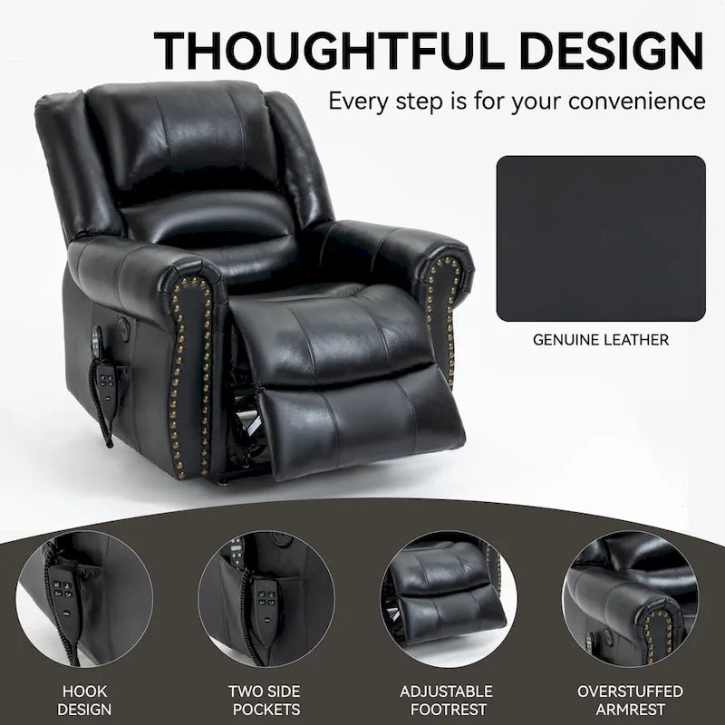 Sillón reclinable elevador eléctrico de piel auténtica con masaje y calor lumbar, puertos USB