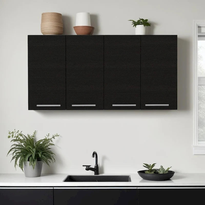 47 Armario decorativo de pared de madera negra con cuatro puertas