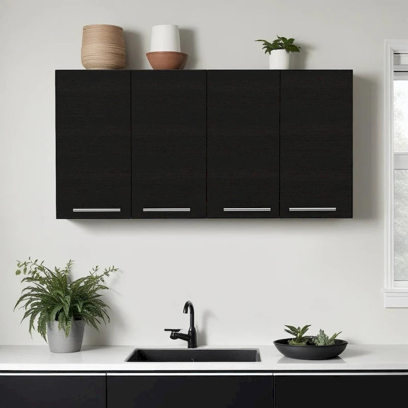  47 Black Wood Wall Mounted Accent Cabinet With Four Doors