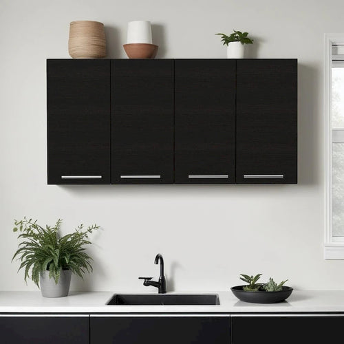  47 Black Wood Wall Mounted Accent Cabinet With Four Doors