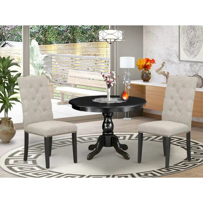  3 Piece Dining Table Set Contains a Round Dining Table and 2 Linen Fabric Parson Chairs, (Finish Options)