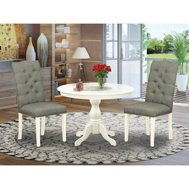 Juego de comedor de 3 piezas que incluye una mesa de comedor redonda y 2 sillas Parson de lino, (Opciones de acabado)