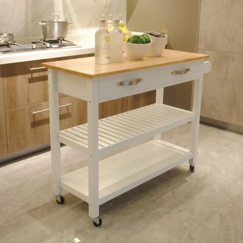 Isla de cocina rodante de madera de 45", carro de almacenamiento utilitario con 2 cajones y toallero