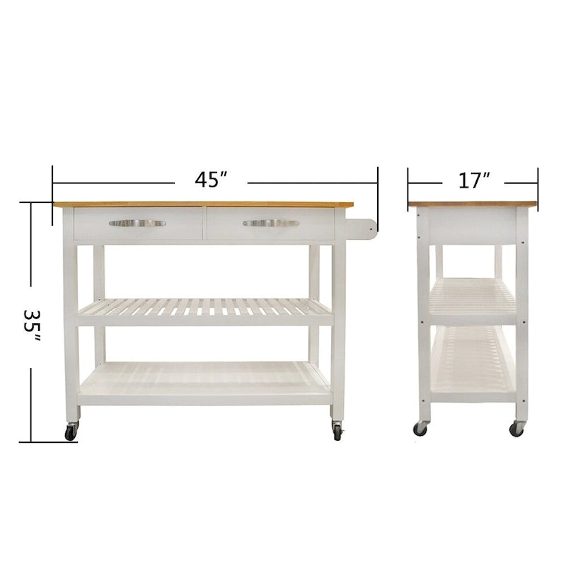 Isla de cocina rodante de madera de 45", carro de almacenamiento utilitario con 2 cajones y toallero
