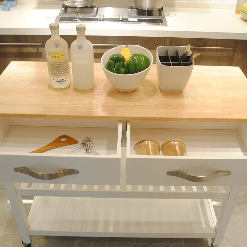 Isla de cocina rodante de madera de 45", carro de almacenamiento utilitario con 2 cajones y toallero
