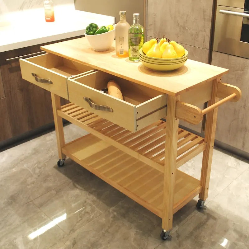 Isla de cocina rodante de madera de 45", carro de almacenamiento utilitario con 2 cajones y toallero