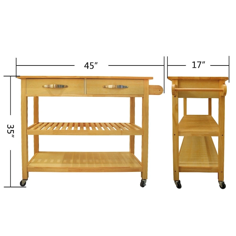 Isla de cocina rodante de madera de 45", carro de almacenamiento utilitario con 2 cajones y toallero