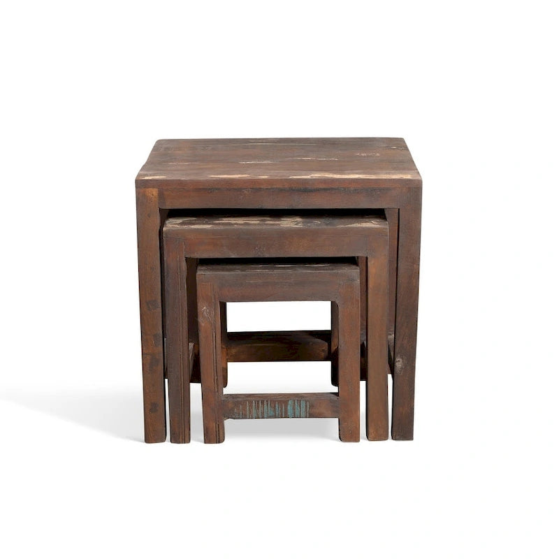 Mesas nido de madera vieja recuperada hechas a mano, juego de 3 (India) - 20 x 16 x 24