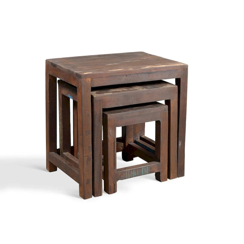 Mesas nido de madera vieja recuperada hechas a mano, juego de 3 (India) - 20 x 16 x 24