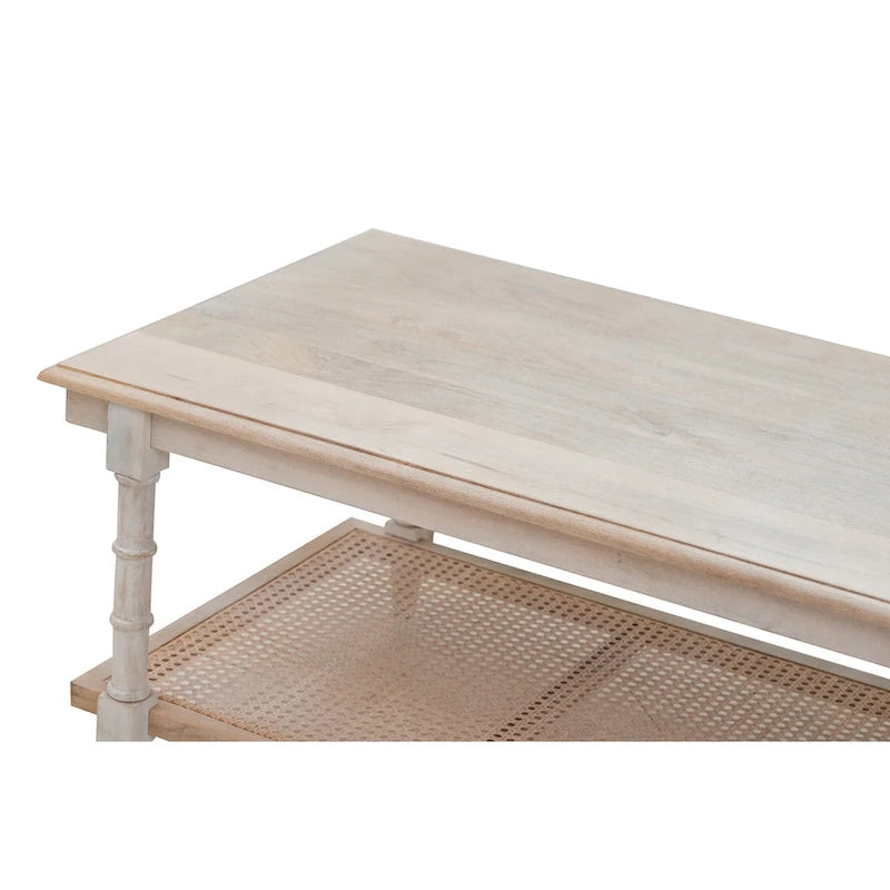 Mesa de centro de madera y ratán - Decapado en blanco