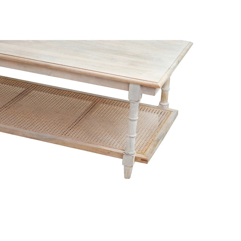 Mesa de centro de madera y ratán - Decapado en blanco