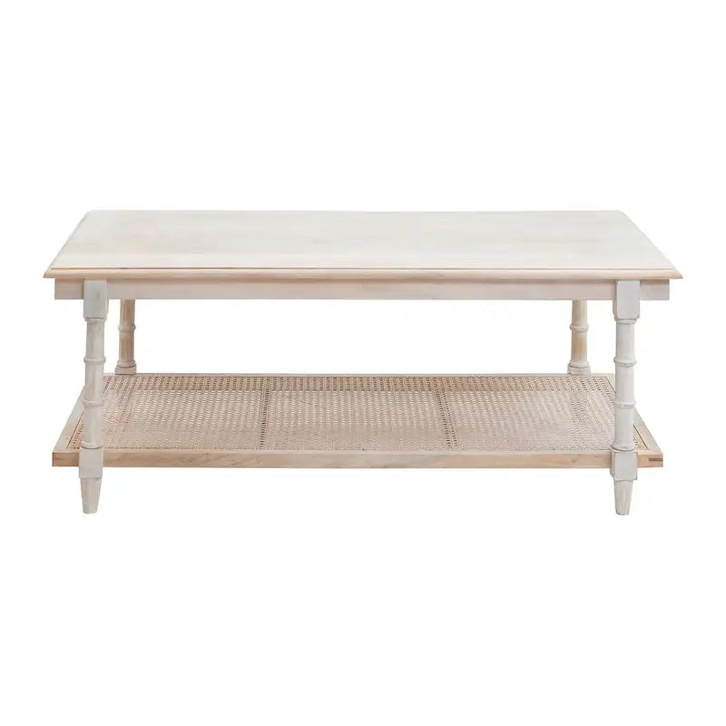 Mesa de centro de madera y ratán - Decapado en blanco