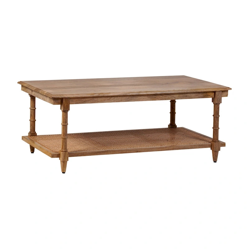 Mesa de centro de madera y ratán - Decapado en blanco
