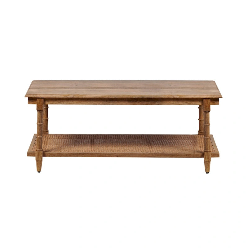 Mesa de centro de madera y ratán - Decapado en blanco