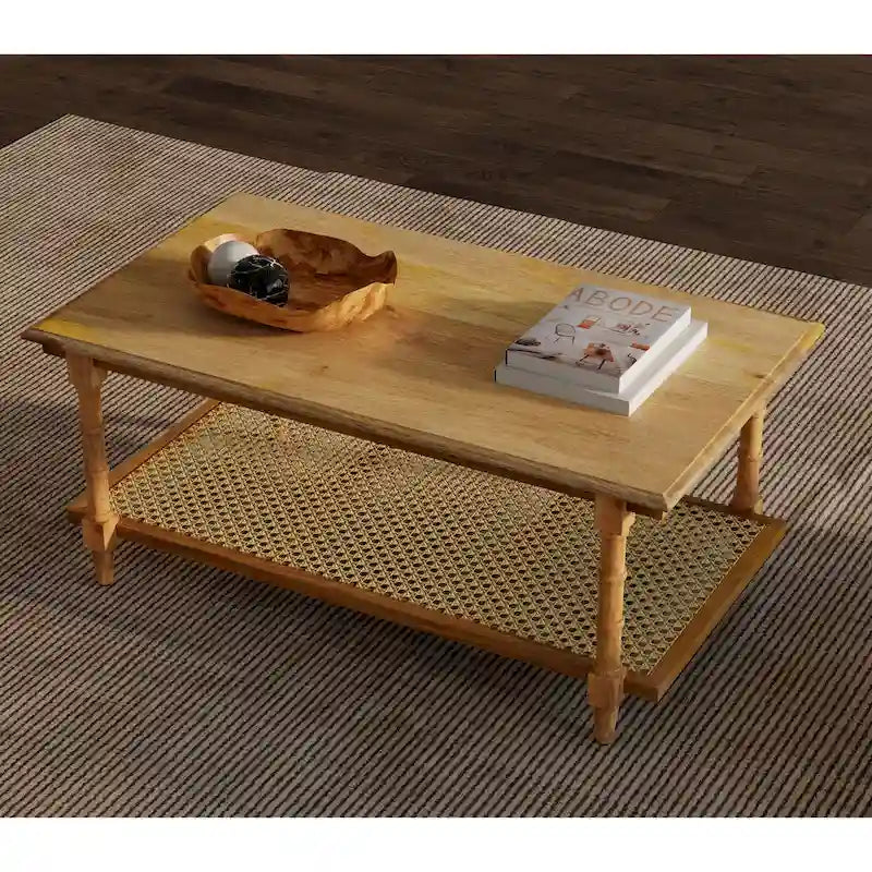 Mesa de centro de madera y ratán - Decapado en blanco