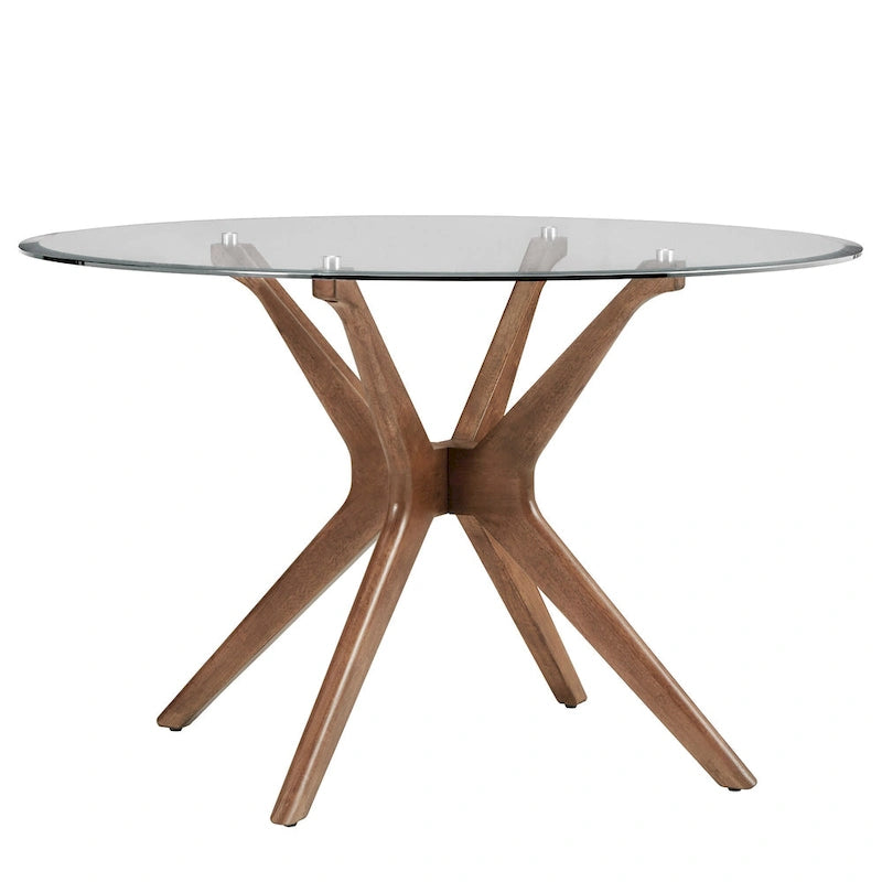 Mesa de comedor redonda con acabado de nogal oscuro de mediados de siglo