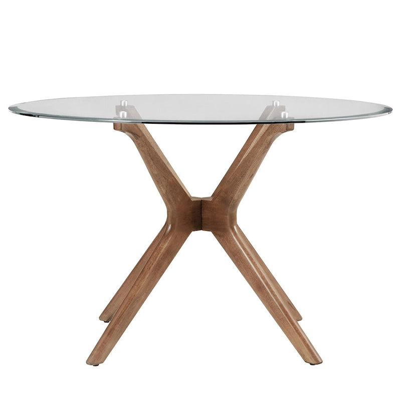 Mesa de comedor redonda con acabado de nogal oscuro de mediados de siglo