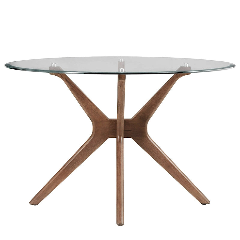 Mesa de comedor redonda con acabado de nogal oscuro de mediados de siglo