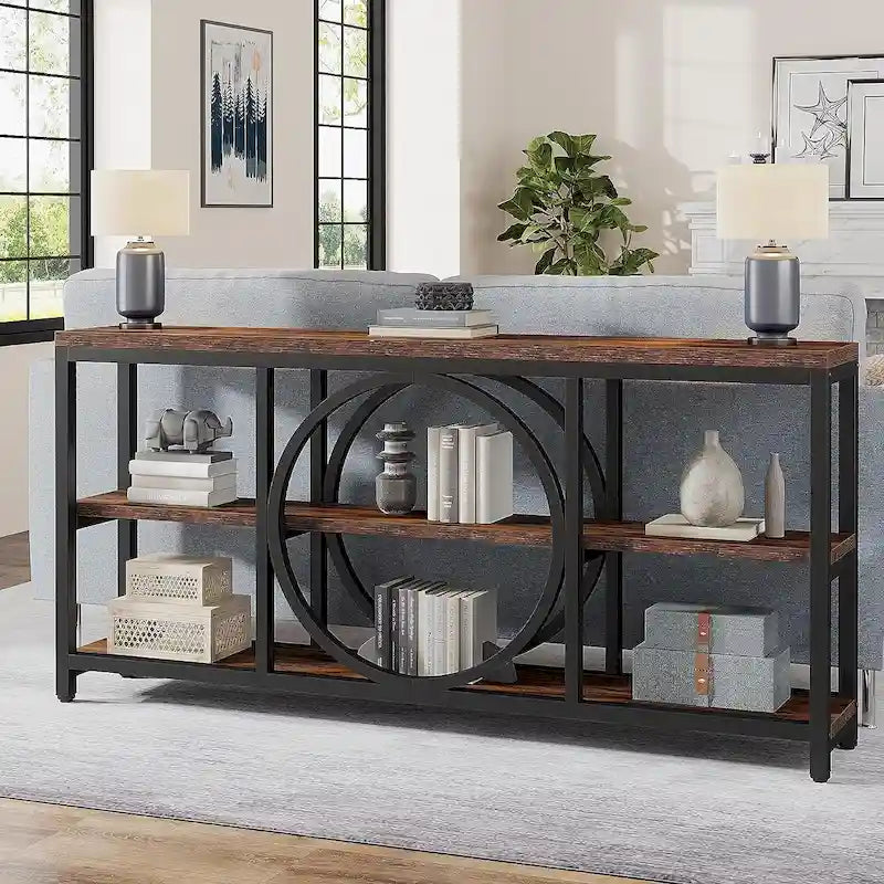 Mesa consola extra larga de 70.9 pulgadas con estantes de almacenamiento de madera de 3 niveles