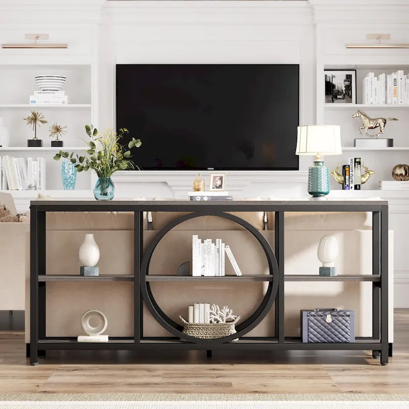 Mesa consola extra larga de 70.9 pulgadas con estantes de almacenamiento de madera de 3 niveles