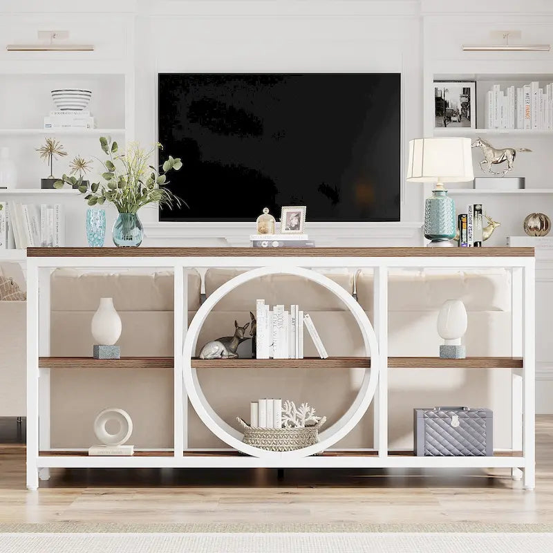 Mesa consola extra larga de 70.9 pulgadas con estantes de almacenamiento de madera de 3 niveles