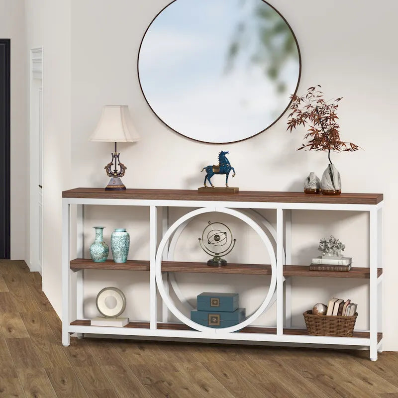 Mesa consola extra larga de 70.9 pulgadas con estantes de almacenamiento de madera de 3 niveles