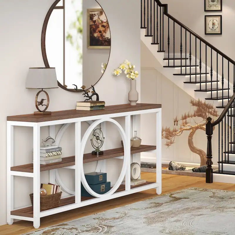 Mesa consola extra larga de 70.9 pulgadas con estantes de almacenamiento de madera de 3 niveles