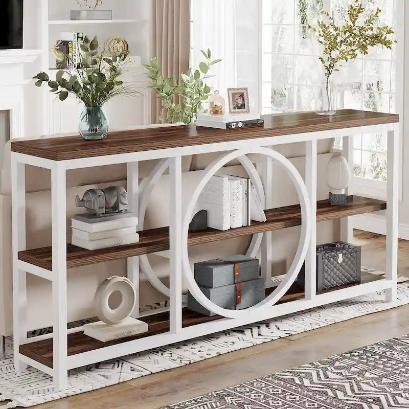 Mesa consola extra larga de 70.9 pulgadas con estantes de almacenamiento de madera de 3 niveles