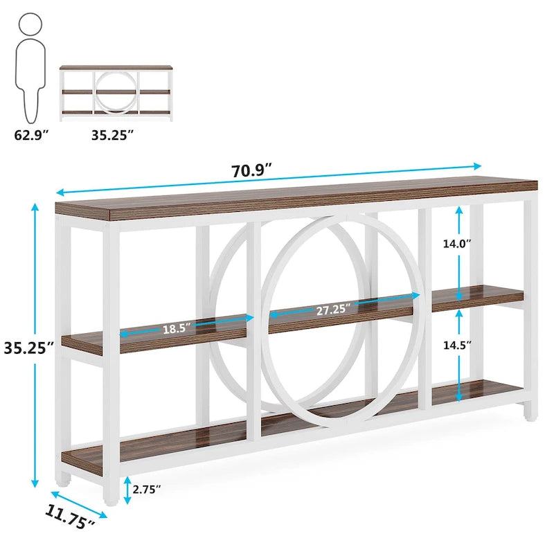 Mesa consola extra larga de 70.9 pulgadas con estantes de almacenamiento de madera de 3 niveles