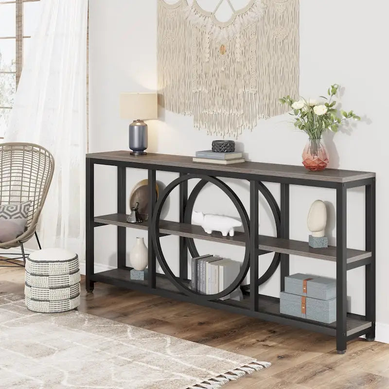 Mesa consola extra larga de 70.9 pulgadas con estantes de almacenamiento de madera de 3 niveles