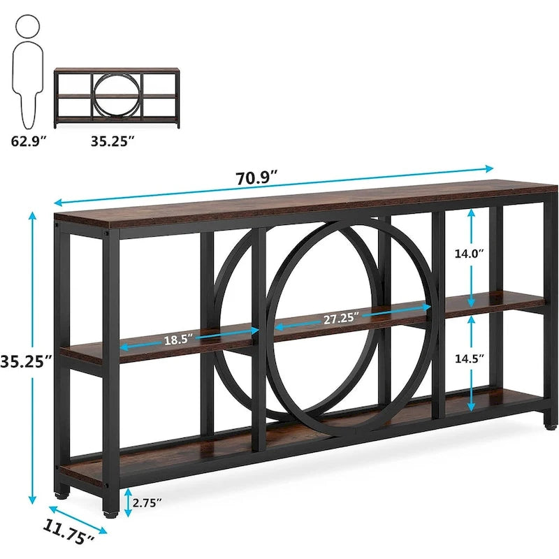 Mesa consola extra larga de 70.9 pulgadas con estantes de almacenamiento de madera de 3 niveles