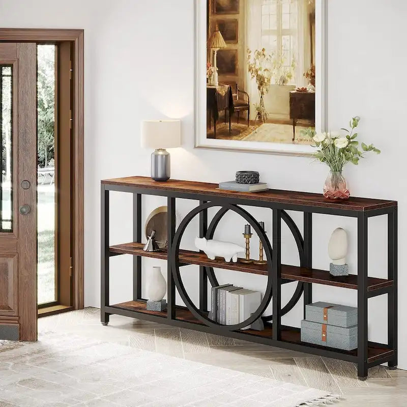 Mesa consola extra larga de 70.9 pulgadas con estantes de almacenamiento de madera de 3 niveles