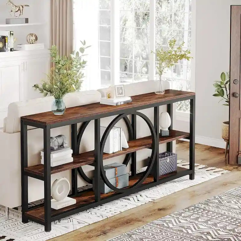 Mesa consola extra larga de 70.9 pulgadas con estantes de almacenamiento de madera de 3 niveles