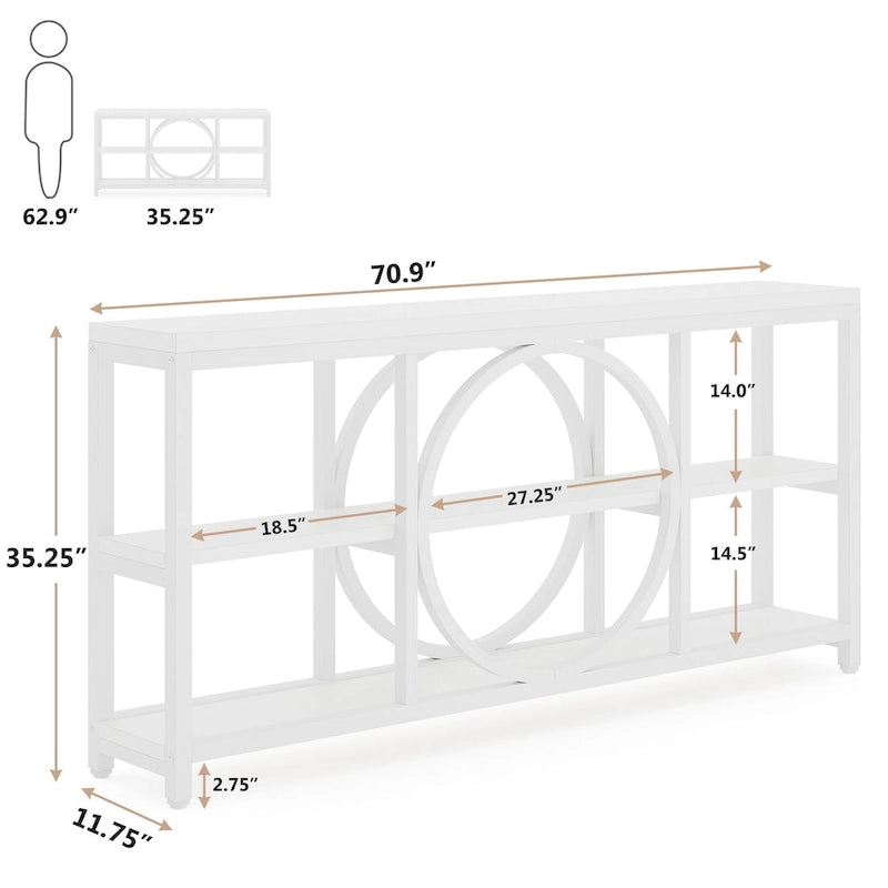 Mesa consola extra larga de 70.9 pulgadas con estantes de almacenamiento de madera de 3 niveles