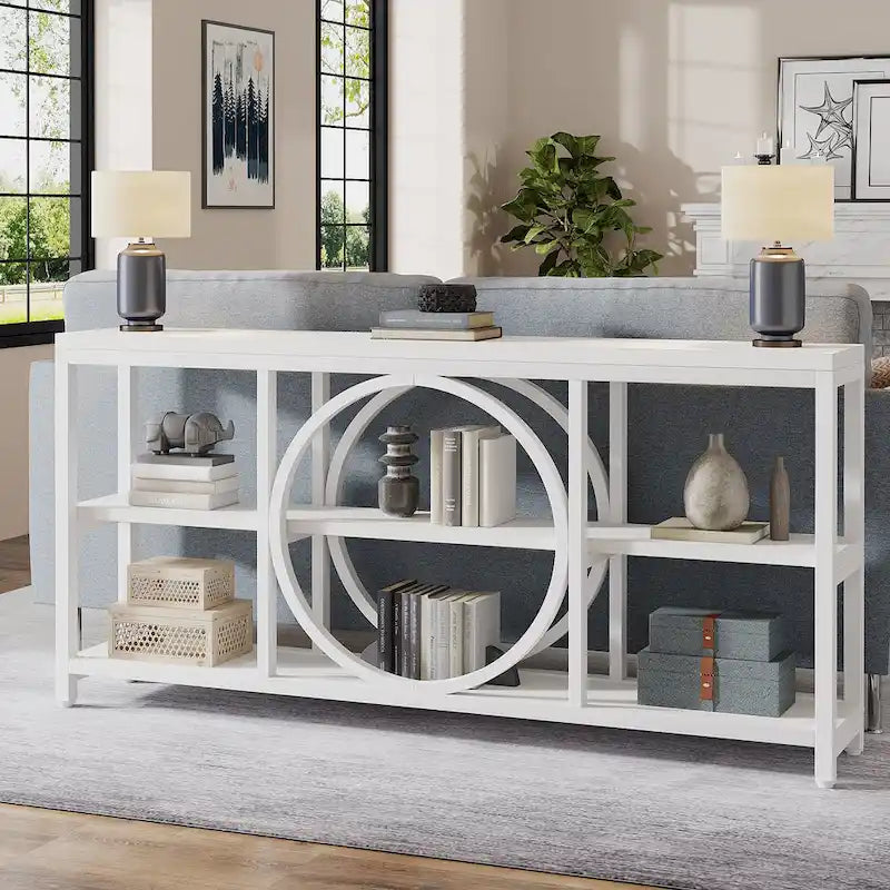 Mesa consola extra larga de 70.9 pulgadas con estantes de almacenamiento de madera de 3 niveles
