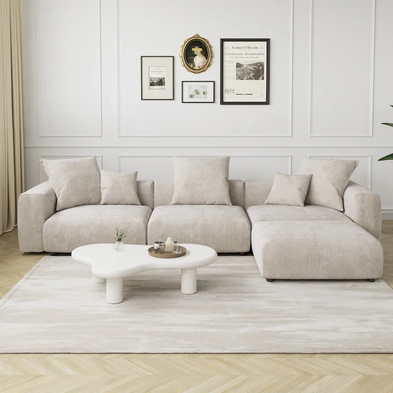 142 Sofá Seccional Oversized en Pana con Forma de L, Clásico y Profundo, con Otomana
