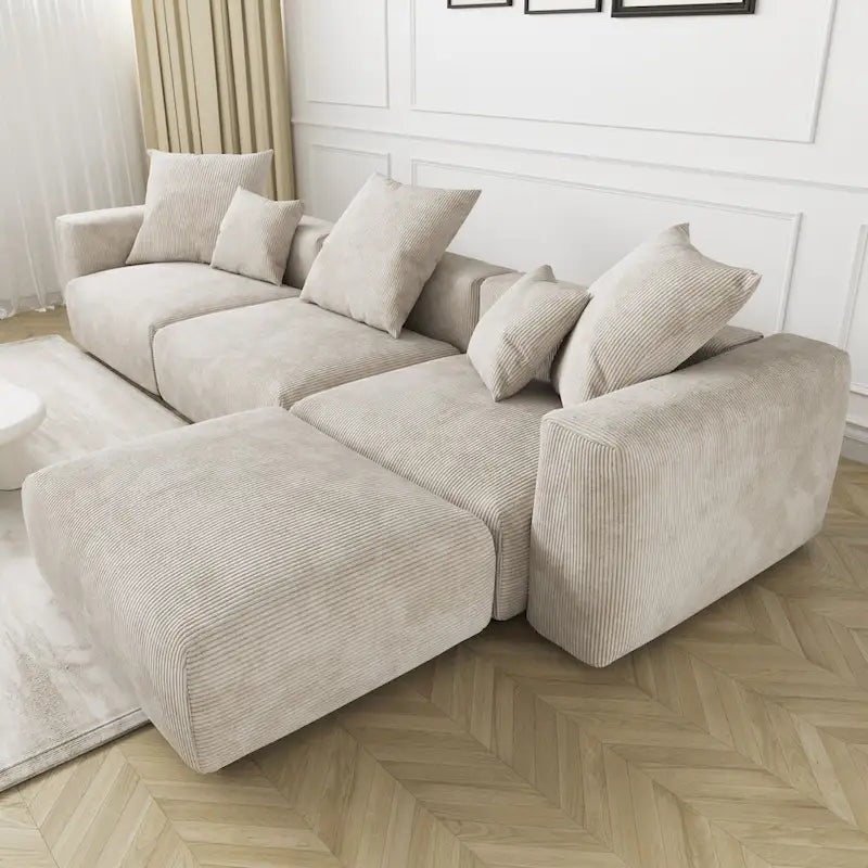 142 Sofá Seccional Oversized en Pana con Forma de L, Clásico y Profundo, con Otomana